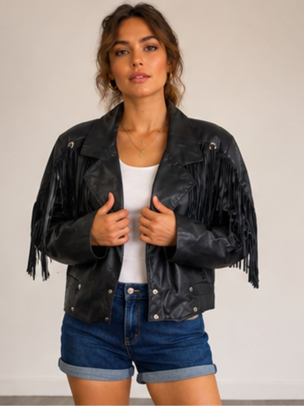 G-III Fashions Vintage Black Leather Fringe Western Jacket Made in USA M alt